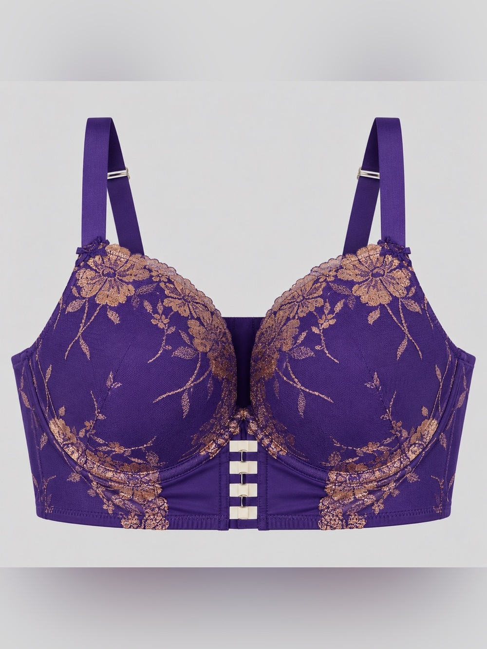 Cacique Boost Plunge Lightly Bra Size 40 DD Floral Lace Purple Gold